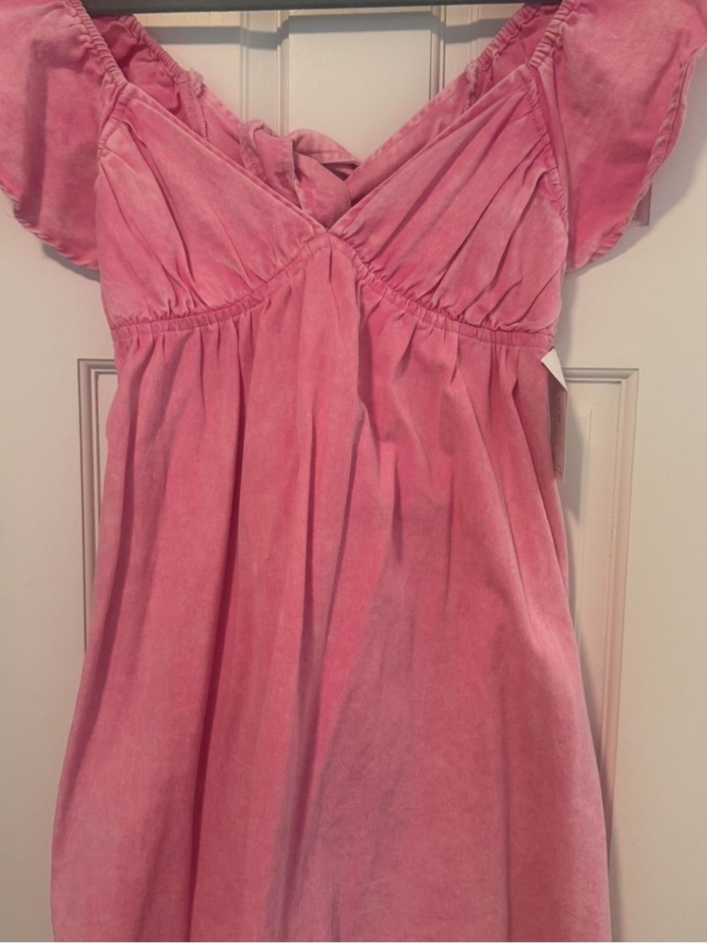 Girls Pink Velvet Empire-Waist Dress with Flutter Sleeves